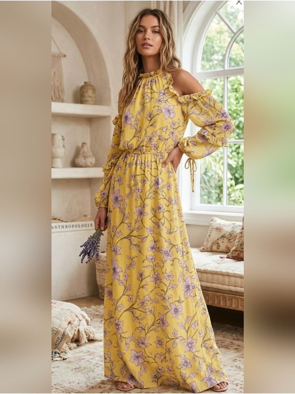 Avec Les Filles Cold Shoulder Maxi Dress Womens 4 Yellow Floral Ruffles Anthro